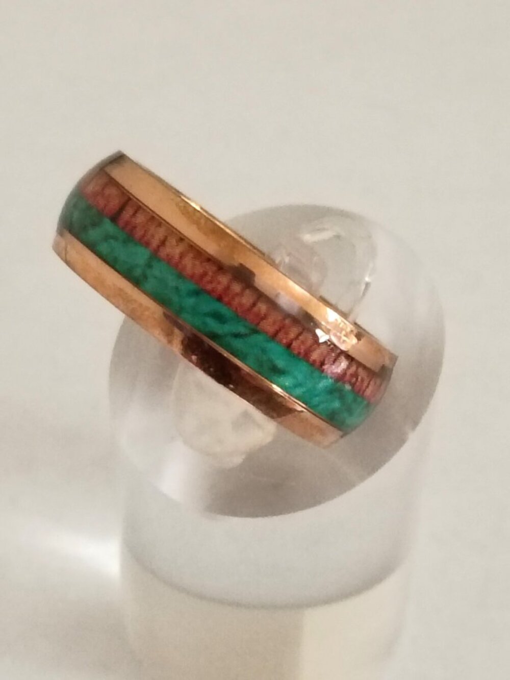 Size 7 Rose Gold Stainless Steel Ring Turquoise & Wood Inlay Wedding Band